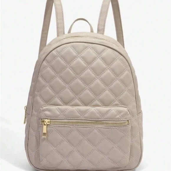 Quilted Leather Backpack Taupe Gold Chain Strap Zip Pocket Chic Bag - Picture 3 of 8